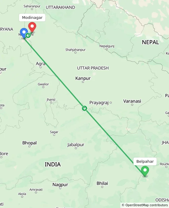 Route map showing distance and travel time from Belpahar, India to Modinagar, India