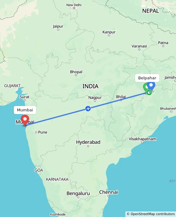 Route map showing distance and travel time from Belpahar, India to Mumbai, India