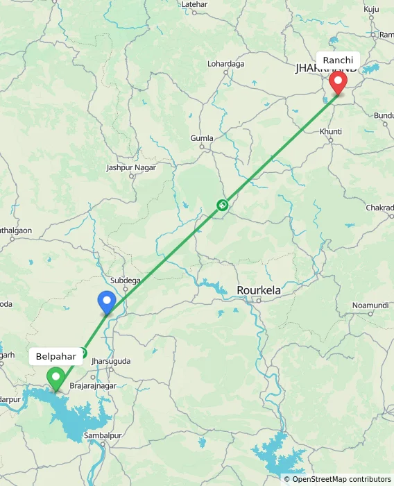Route map showing distance and travel time from Belpahar, India to Ranchi, India