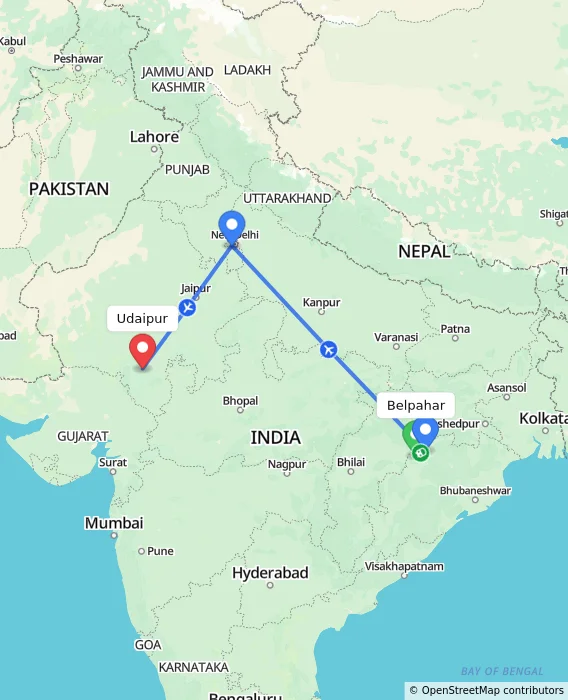 Route map showing distance and travel time from Belpahar, India to Udaipur, India