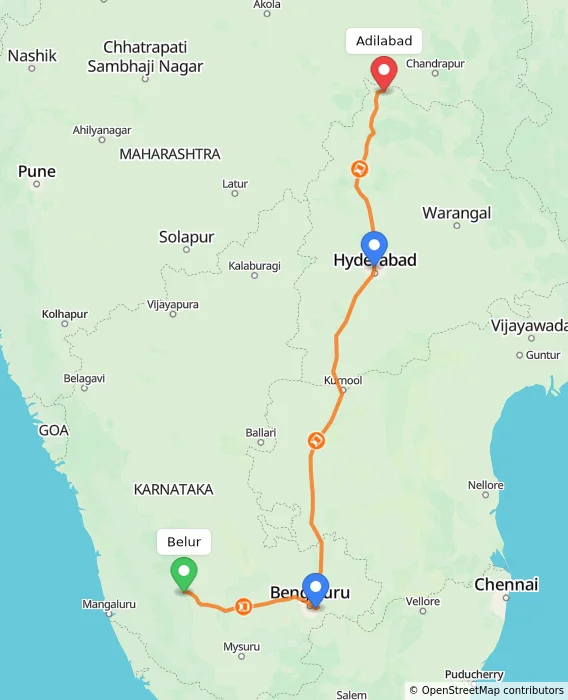 Route map showing distance and travel time from Belur, India to Adilabad, India