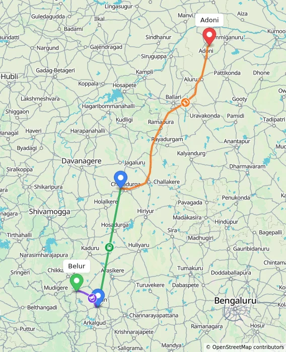 Route map showing distance and travel time from Belur, India to Adoni, India