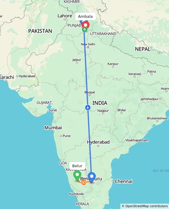 Route map showing distance and travel time from Belur, India to Ambala, India