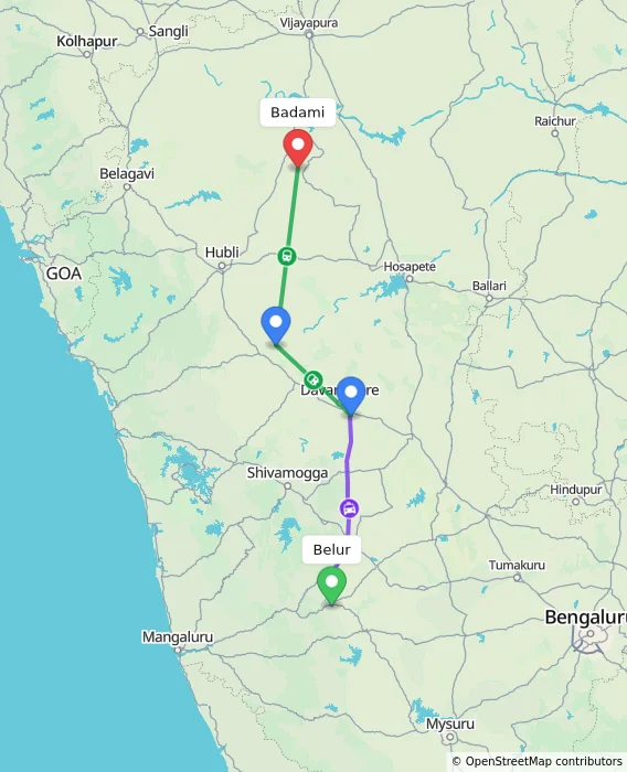 Route map showing distance and travel time from Belur, India to Badami, India