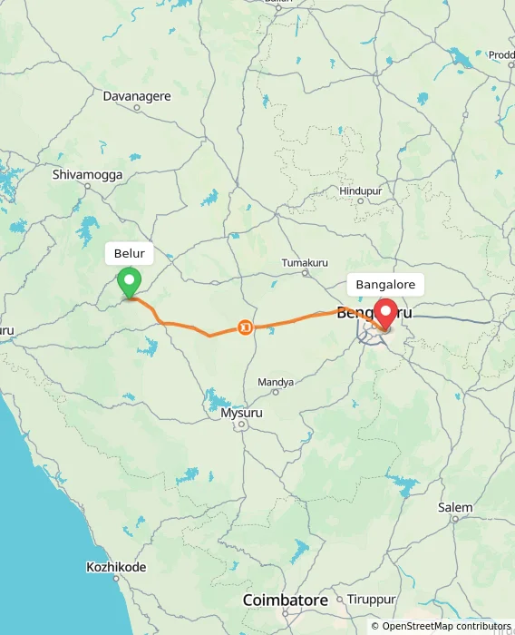 Route map showing distance and travel time from Belur, India to Bangalore, India