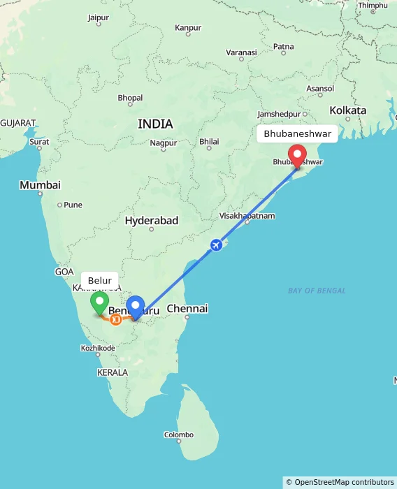 Route map showing distance and travel time from Belur, India to Bhubaneshwar, India