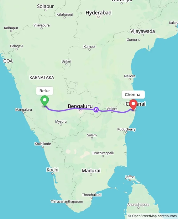 Route map showing distance and travel time from Belur, India to Chennai, India