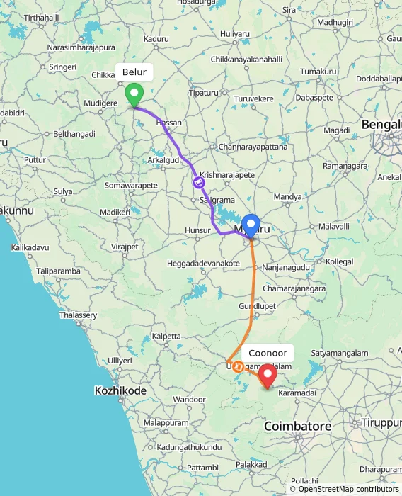Route map showing distance and travel time from Belur, India to Coonoor, India
