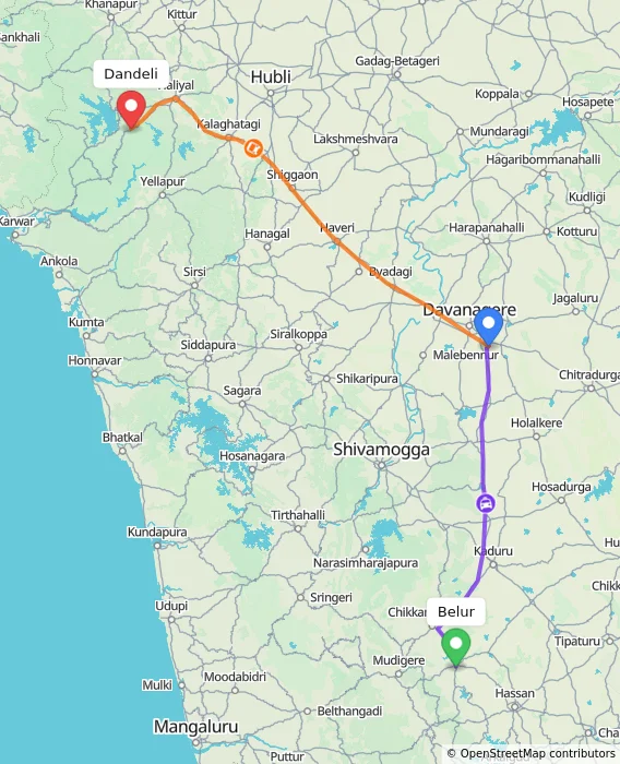 Route map showing distance and travel time from Belur, India to Dandeli, India