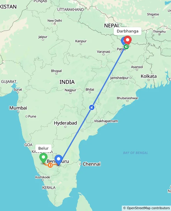 Route map showing distance and travel time from Belur, India to Darbhanga, India