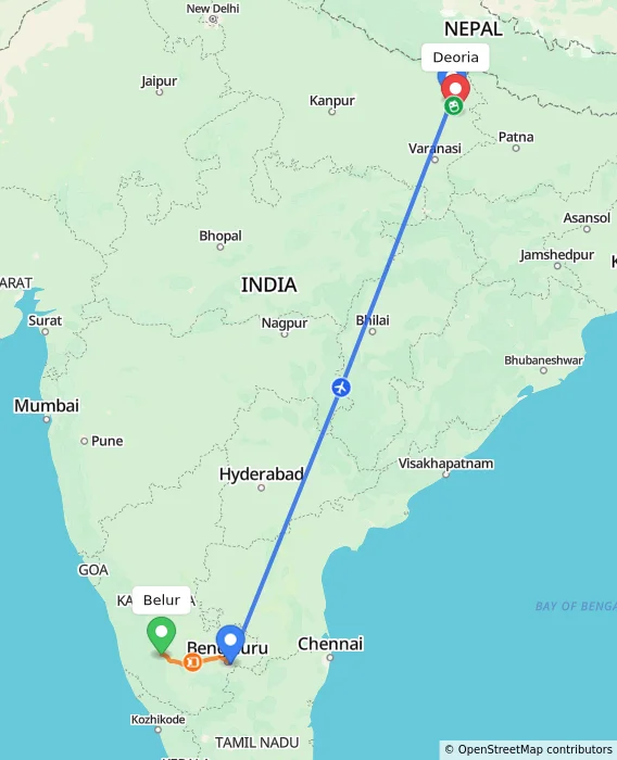 Route map showing distance and travel time from Belur, India to Deoria, India
