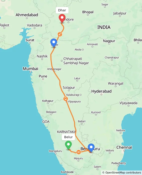 Route map showing distance and travel time from Belur, India to Dhar, India