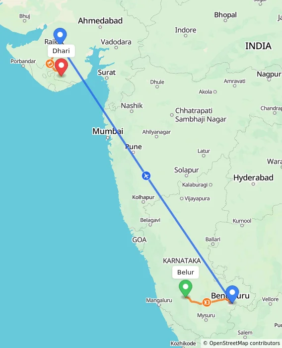 Route map showing distance and travel time from Belur, India to Dhari, India