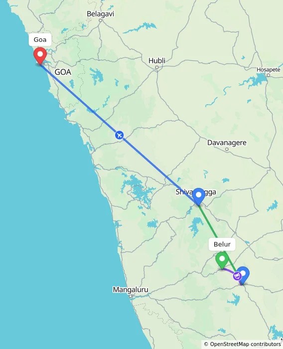 Route map showing distance and travel time from Belur, India to Goa, India