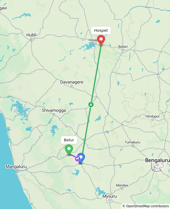 Route map showing distance and travel time from Belur, India to Hospet, India