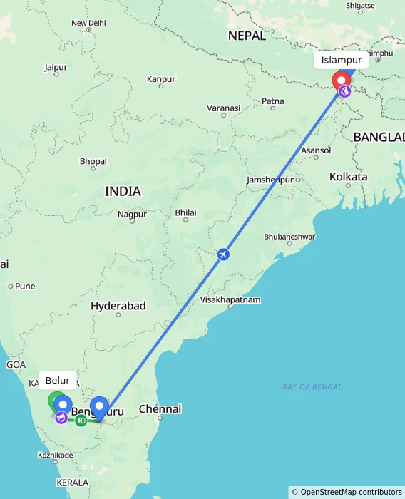 Route map showing distance and travel time from Belur, India to Islampur, India
