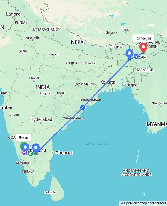 Route map showing distance and travel time from Belur, India to Itanagar, India