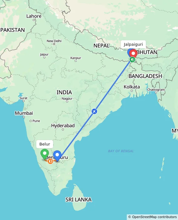 Route map showing distance and travel time from Belur, India to Jalpaiguri, India