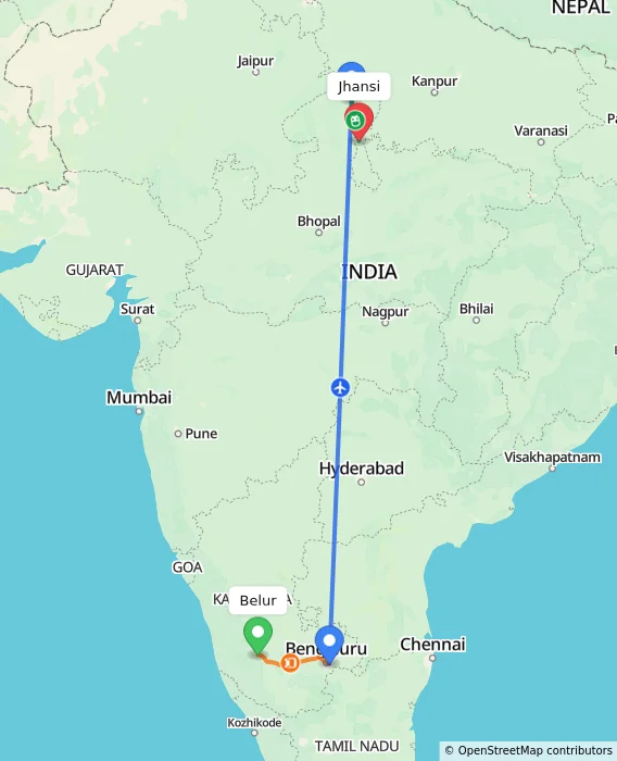 Route map showing distance and travel time from Belur, India to Jhansi, India