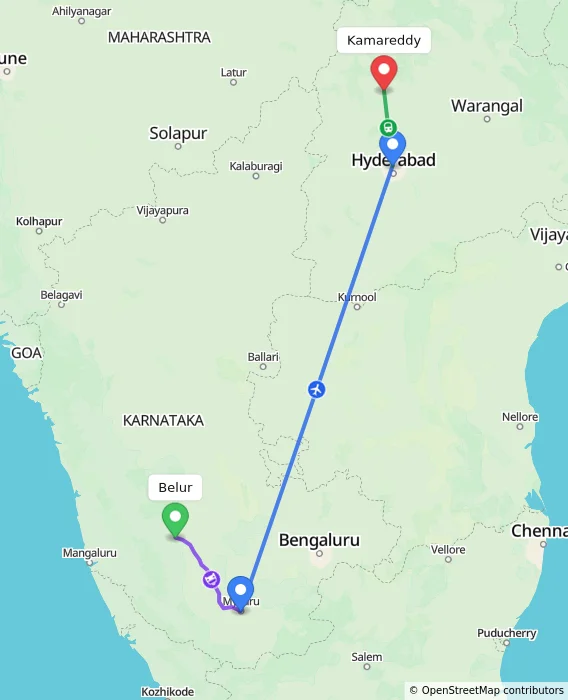 Route map showing distance and travel time from Belur, India to Kamareddy, India
