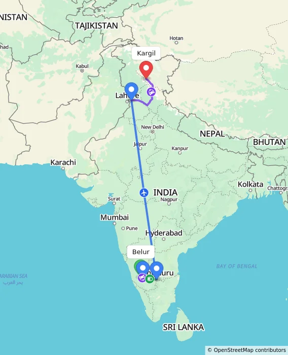 Route map showing distance and travel time from Belur, India to Kargil, India