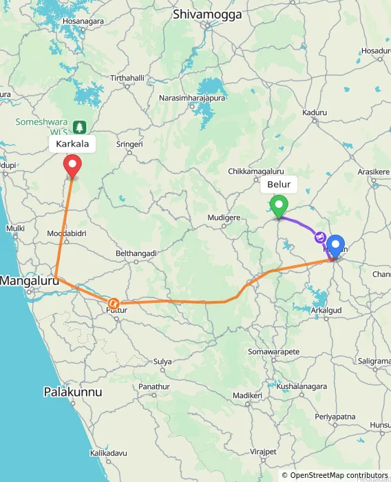 Route map showing distance and travel time from Belur, India to Karkala, India