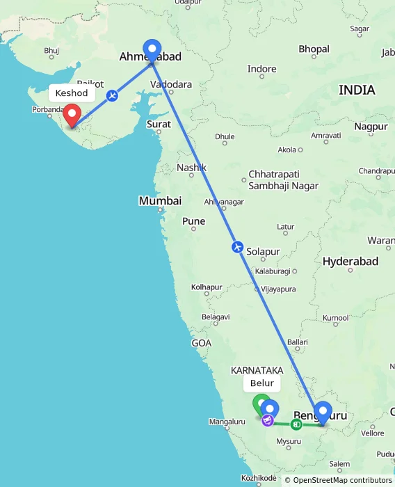 Route map showing distance and travel time from Belur, India to Keshod, India