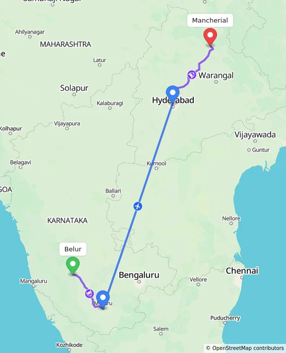 Route map showing distance and travel time from Belur, India to Mancherial, India
