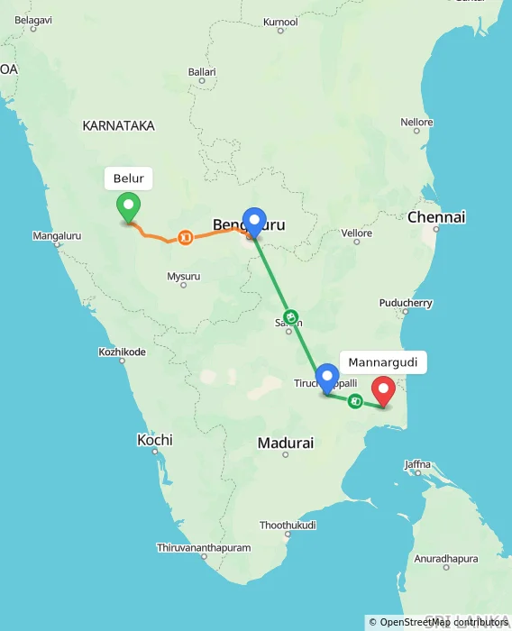 Route map showing distance and travel time from Belur, India to Mannargudi, India