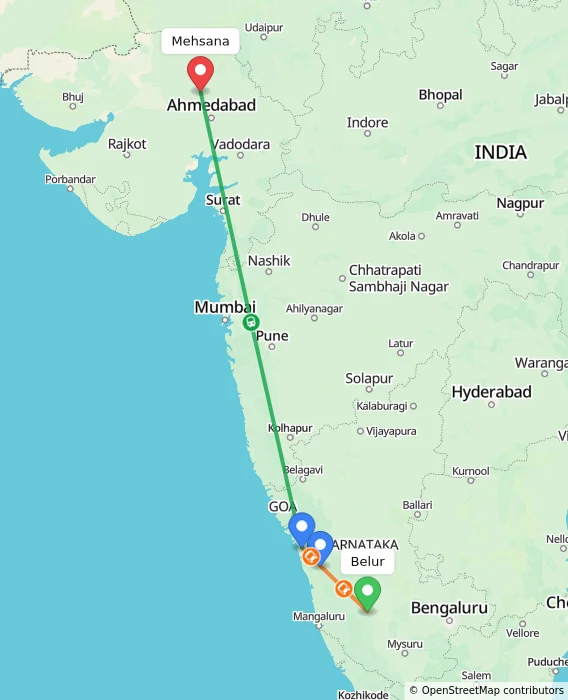 Route map showing distance and travel time from Belur, India to Mehsana, India