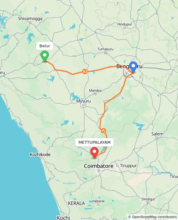 Route map showing distance and travel time from Belur, India to METTUPALAYAM, India