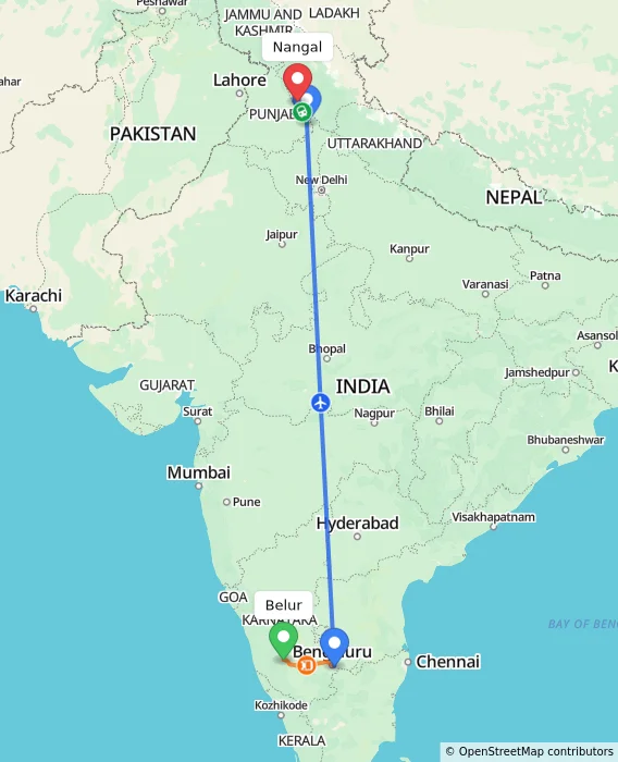 Route map showing distance and travel time from Belur, India to Nangal, India
