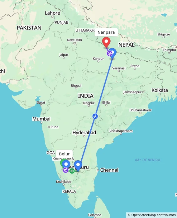 Route map showing distance and travel time from Belur, India to Nanpara, India