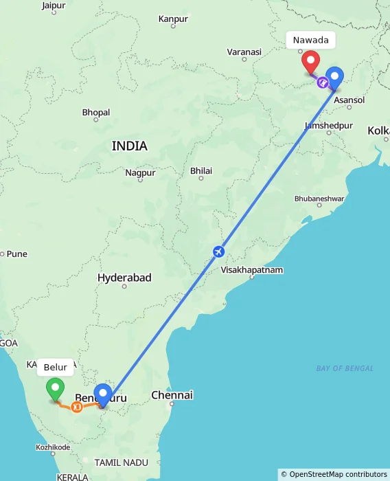 Route map showing distance and travel time from Belur, India to Nawada, India