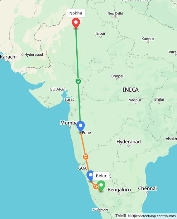 Route map showing distance and travel time from Belur, India to Nokha, India