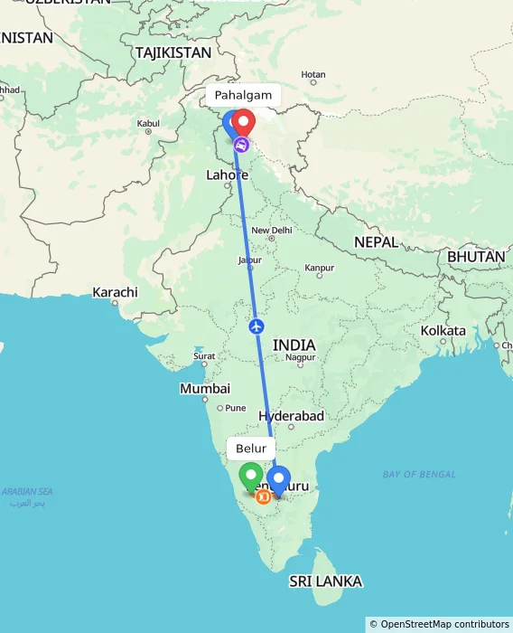 Route map showing distance and travel time from Belur, India to Pahalgam, India