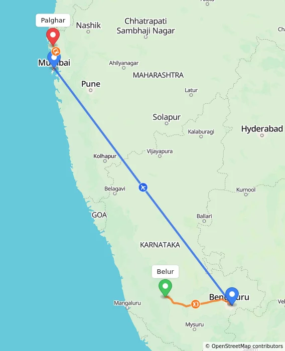 Route map showing distance and travel time from Belur, India to Palghar, India