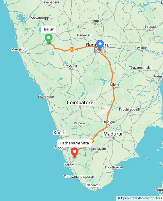 Route map showing distance and travel time from Belur, India to Pathanamthitta, India