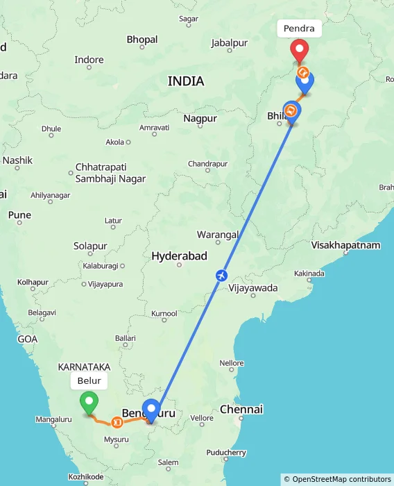 Route map showing distance and travel time from Belur, India to Pendra, India