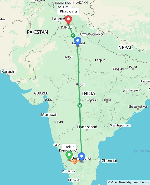 Route map showing distance and travel time from Belur, India to Phagwara, India