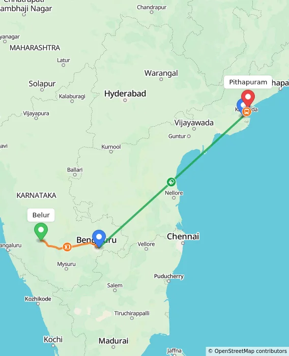 Route map showing distance and travel time from Belur, India to Pithapuram, India