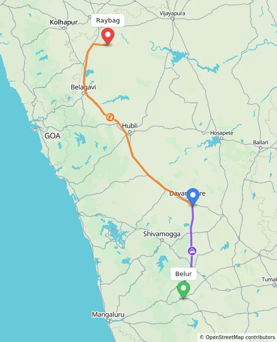 Route map showing distance and travel time from Belur, India to Raybag, India
