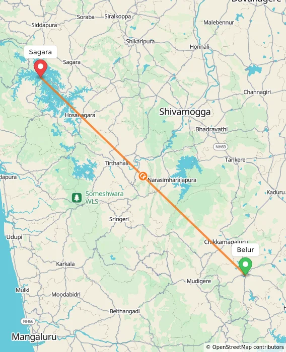 Route map showing distance and travel time from Belur, India to Sagara, India