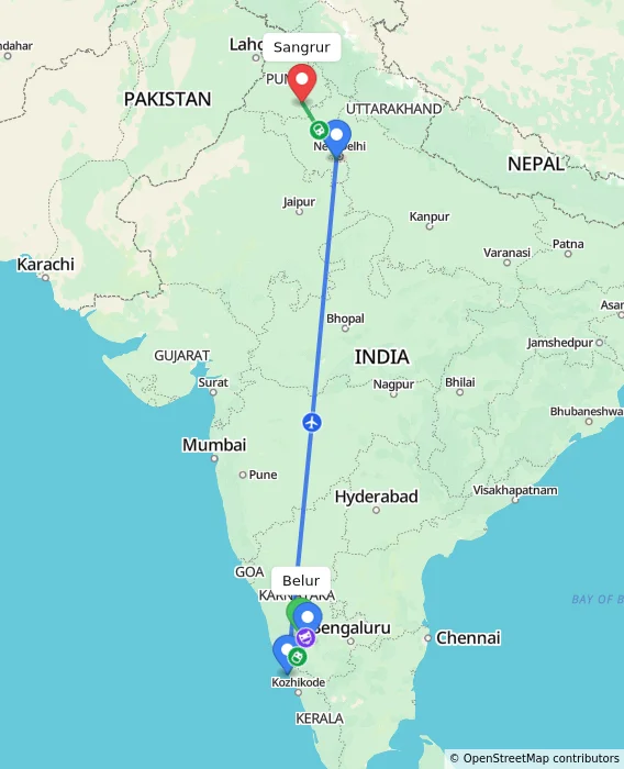 Route map showing distance and travel time from Belur, India to Sangrur, India