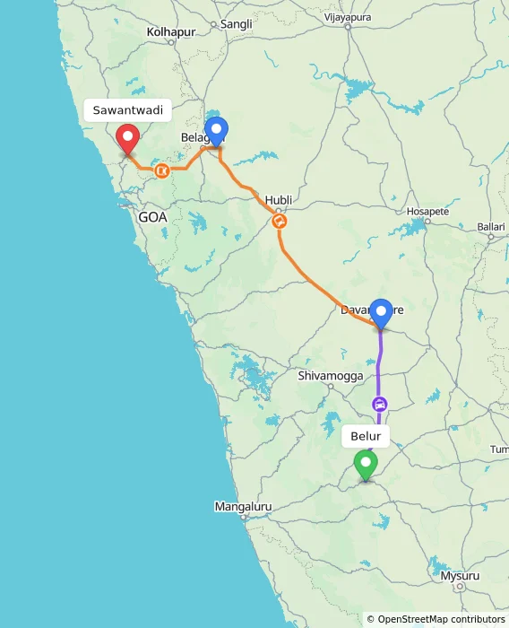 Route map showing distance and travel time from Belur, India to Sawantwadi, India