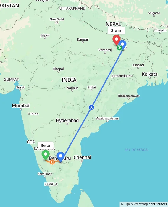 Route map showing distance and travel time from Belur, India to Siwan, India