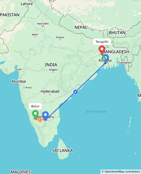 Route map showing distance and travel time from Belur, India to Tarapith, India