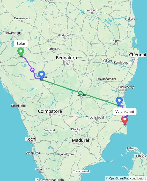 Route map showing distance and travel time from Belur, India to Velankanni, India