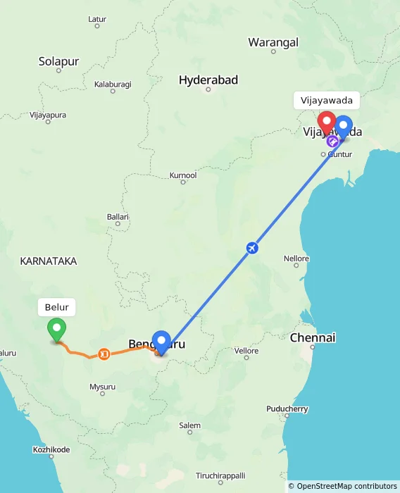 Route map showing distance and travel time from Belur, India to Vijayawada, India