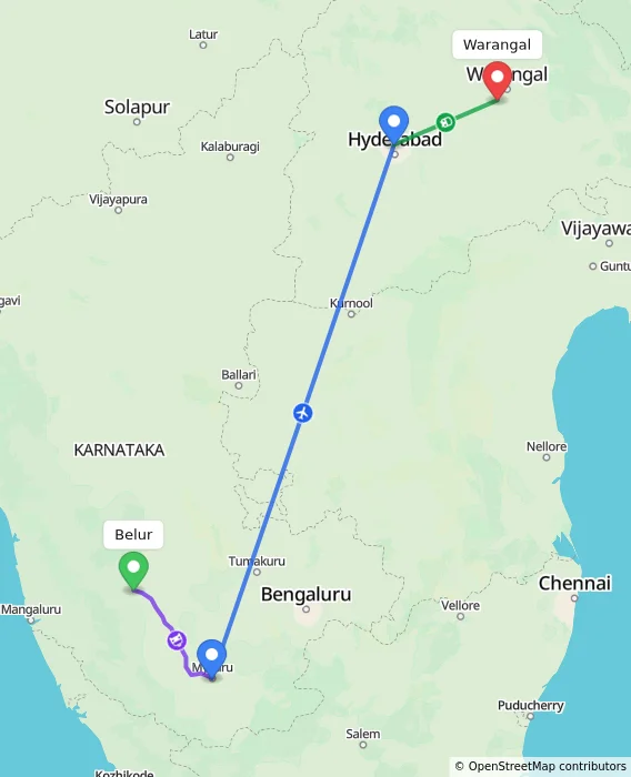 Route map showing distance and travel time from Belur, India to Warangal, India